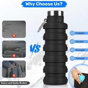 Collapsible Water Bottles, Reuseable BPA Free Silicone Foldable Water Bottle 16oz, Lightweight Leakproof Portable Travel Water Bottles for Traveling Camping Hiking Sports Outdoors(Black)