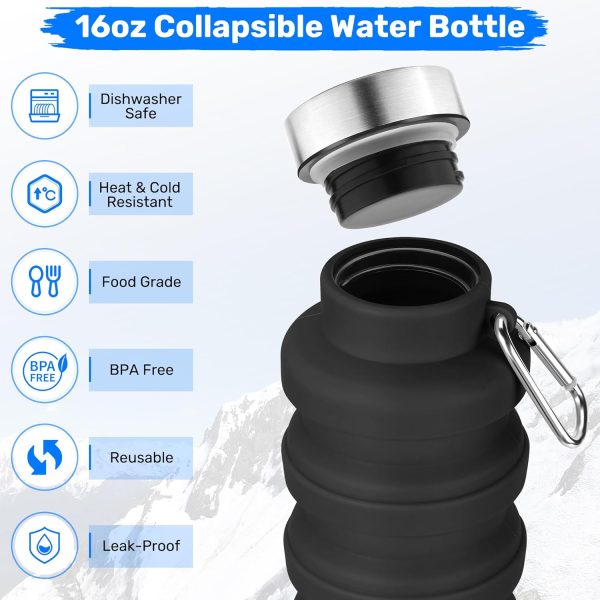 Collapsible Water Bottles, Reuseable BPA Free Silicone Foldable Water Bottle 16oz, Lightweight Leakproof Portable Travel Water Bottles for Traveling Camping Hiking Sports Outdoors(Black) - Image 2