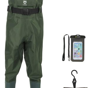 TIDEWE Bootfoot Chest Wader, 2-Ply Nylon/PVC Waterproof Fishing Hunting Waders with Boot Hanger for Men Women Green Brown